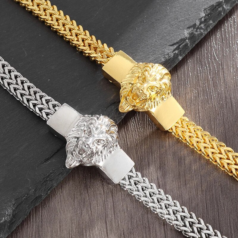 Mados aukso spalvos Liūto karaliaus nerūdijančio plieno pintos grandinės apyrankės Dominuojantis vyrų roko apyrankės lydinys Liūto galvos papuošalai