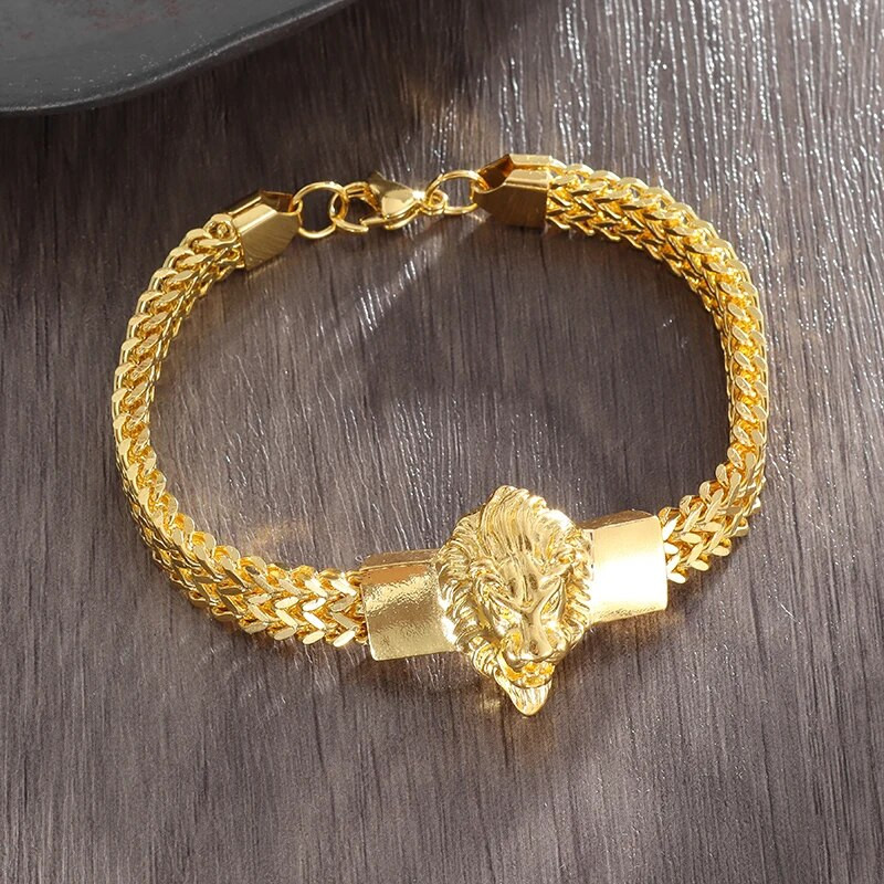 Mados aukso spalvos Liūto karaliaus nerūdijančio plieno pintos grandinės apyrankės Dominuojantis vyrų roko apyrankės lydinys Liūto galvos papuošalai