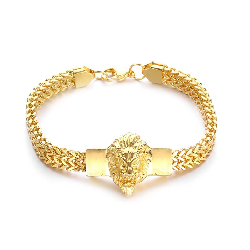 Mados aukso spalvos Liūto karaliaus nerūdijančio plieno pintos grandinės apyrankės Dominuojantis vyrų roko apyrankės lydinys Liūto galvos papuošalai