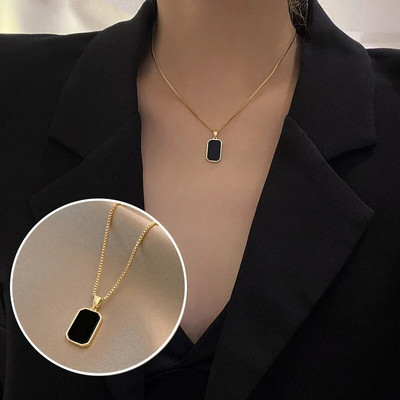 Ретро квадратно колие с висулка от черен циркон, верига за жени, опростено колие от титанова стомана, колие със сребърно покритие, бижута за момичета