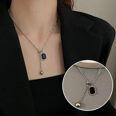 Ретро квадратно колие с висулка от черен циркон, верига за жени, опростено колие от титанова стомана, колие със сребърно покритие, бижута за момичета