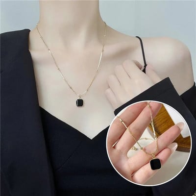 Ретро квадратно колие с висулка от черен циркон, верига за жени, опростено колие от титанова стомана, колие със сребърно покритие, бижута за момичета