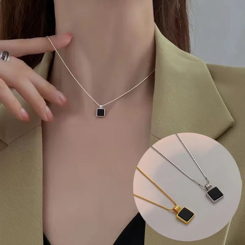 Ретро квадратно колие с висулка от черен циркон, верига за жени, опростено колие от титанова стомана, колие със сребърно покритие, бижута за момичета