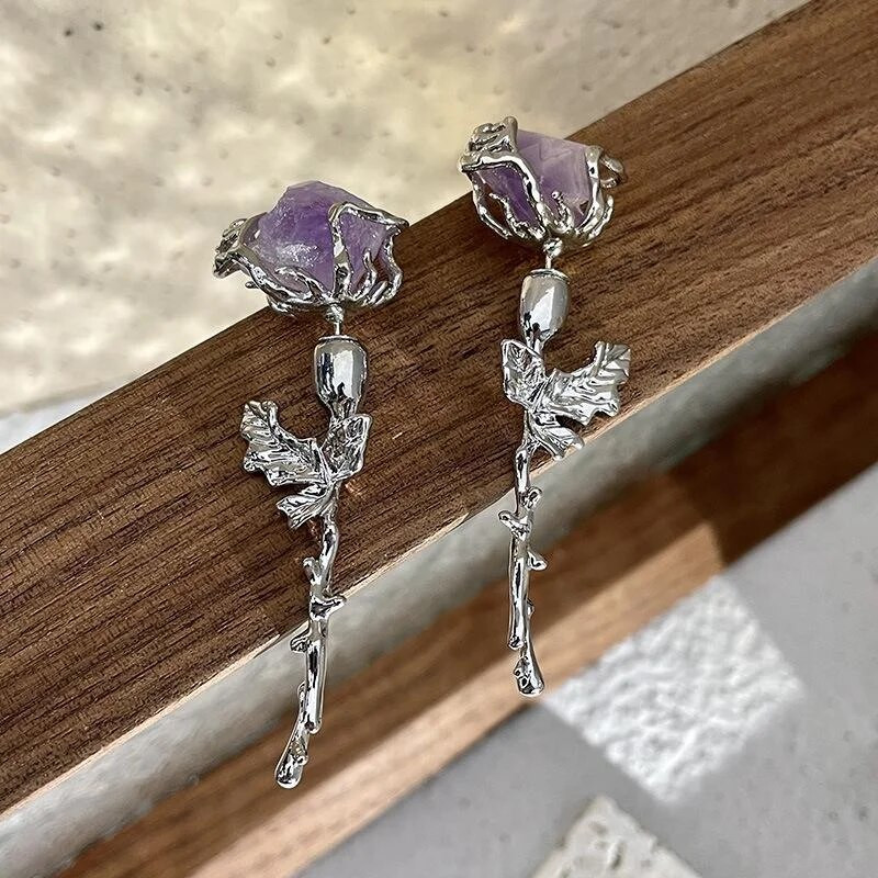 1 pāris forši, saldie ametista rožu ziedu auskari sievietēm, panku zari, lapas, gari auskari, meiteņu rotaslietas, dāvanas pendientes