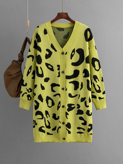 Ženski pleteni kardigan s leopardom 2023. Nova jesen-zima Topla ležerna odjeća Vintage dugi preveliki ženski pulover na kopčanje