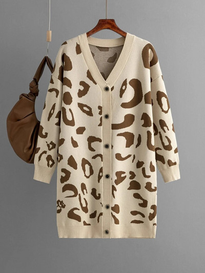 Ženski pleteni kardigan s leopardom 2023. Nova jesen-zima Topla ležerna odjeća Vintage dugi preveliki ženski pulover na kopčanje