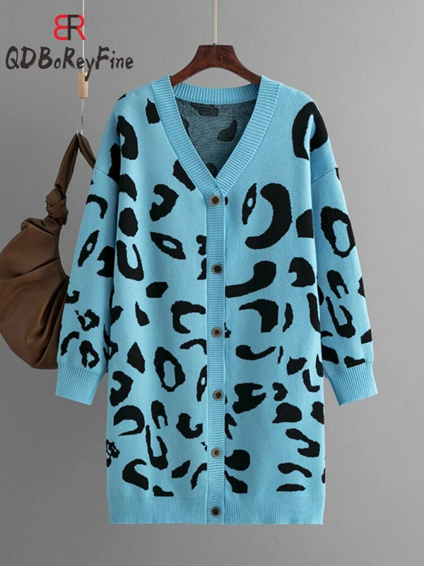 Ženski pleteni kardigan s leopardom 2023. Nova jesen-zima Topla ležerna odjeća Vintage dugi preveliki ženski pulover na kopčanje