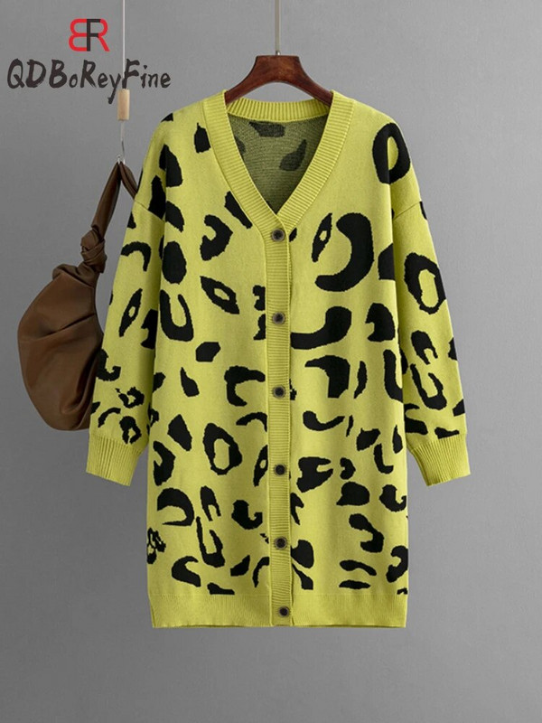 Ženski pleteni kardigan s leopardom 2023. Nova jesen-zima Topla ležerna odjeća Vintage dugi preveliki ženski pulover na kopčanje