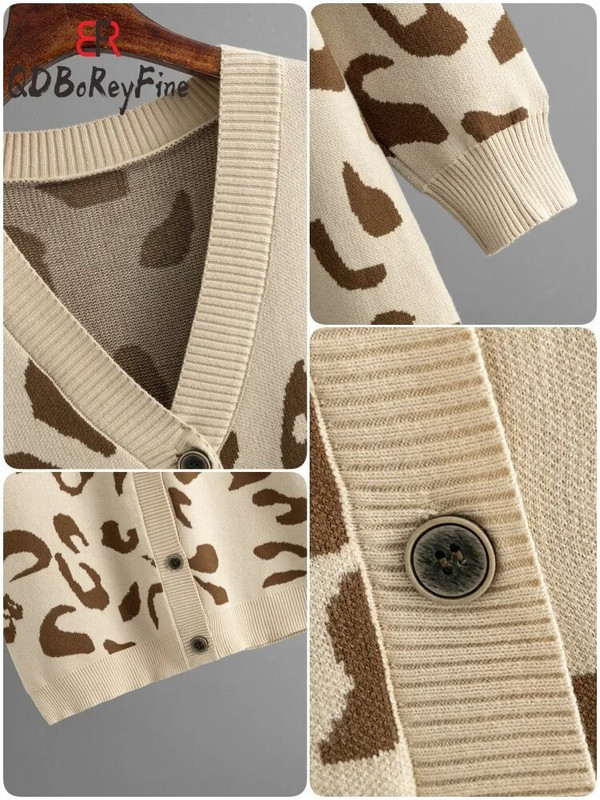 Ženski pleteni kardigan s leopardom 2023. Nova jesen-zima Topla ležerna odjeća Vintage dugi preveliki ženski pulover na kopčanje