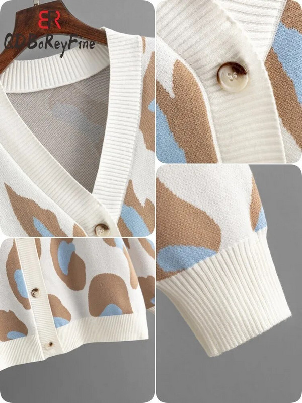 Ženski pulover s leopard uzorkom Zima Jesen Uredske ženske majice dugih rukava Korejski ležerni pleteni preveliki kardigan za žene