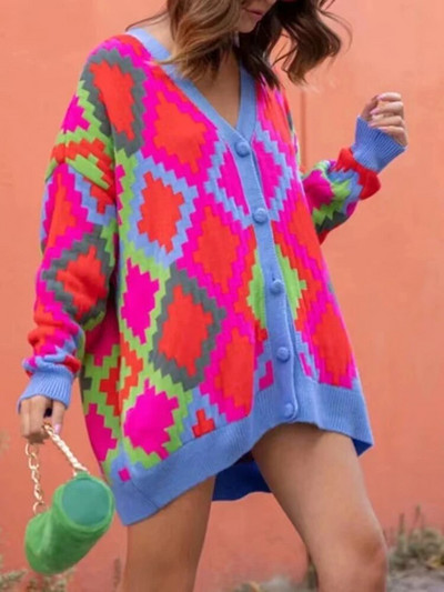 Zimski ženski kardigan s uzorkom s otisnutim gumbima Jesenski labavi, ležerni, prekomjerni pleteni kardigan za žene Novo 2023.