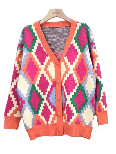 Zimski ženski kardigan s uzorkom s otisnutim gumbima Jesenski labavi, ležerni, prekomjerni pleteni kardigan za žene Novo 2023.