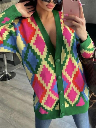 Zimski ženski kardigan s uzorkom s otisnutim gumbima Jesenski labavi, ležerni, prekomjerni pleteni kardigan za žene Novo 2023.