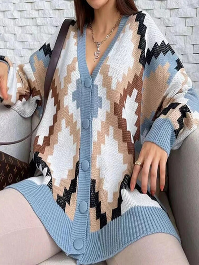 Zimski ženski kardigan s uzorkom s otisnutim gumbima Jesenski labavi, ležerni, prekomjerni pleteni kardigan za žene Novo 2023.