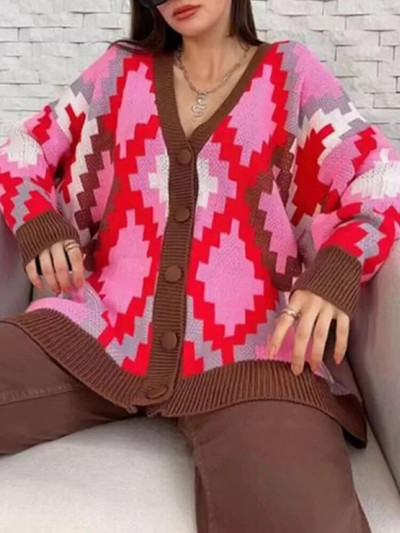 Zimski ženski kardigan s uzorkom s otisnutim gumbima Jesenski labavi, ležerni, prekomjerni pleteni kardigan za žene Novo 2023.