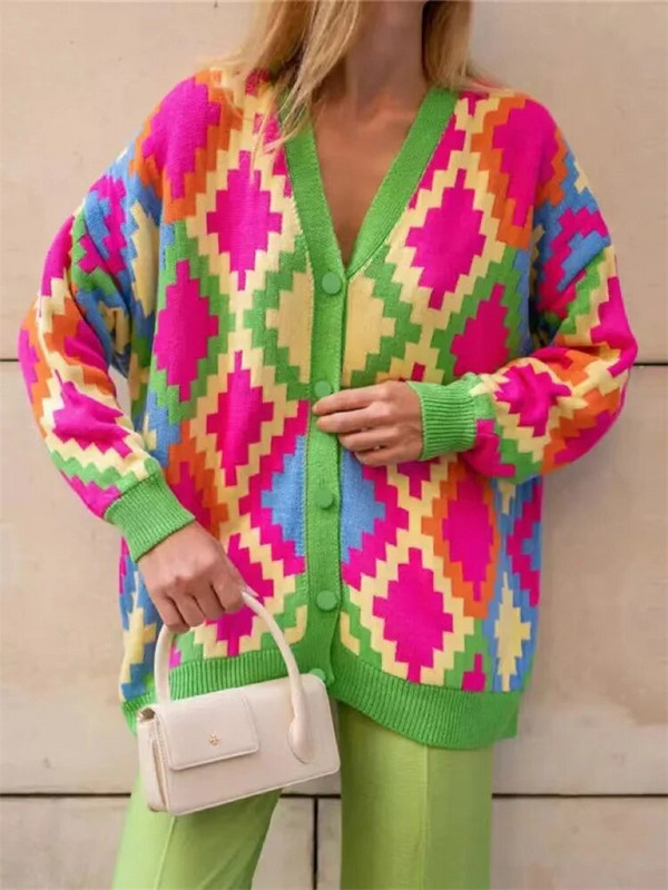 Zimski ženski kardigan s uzorkom s otisnutim gumbima Jesenski labavi, ležerni, prekomjerni pleteni kardigan za žene Novo 2023.