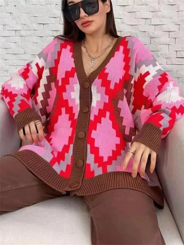 Zimski ženski kardigan s uzorkom s otisnutim gumbima Jesenski labavi, ležerni, prekomjerni pleteni kardigan za žene Novo 2023.