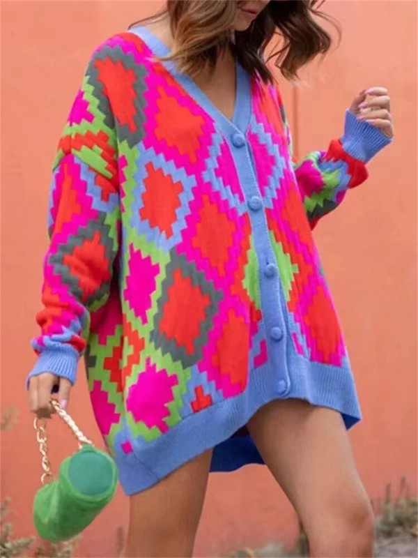 Zimski ženski kardigan s uzorkom s otisnutim gumbima Jesenski labavi, ležerni, prekomjerni pleteni kardigan za žene Novo 2023.