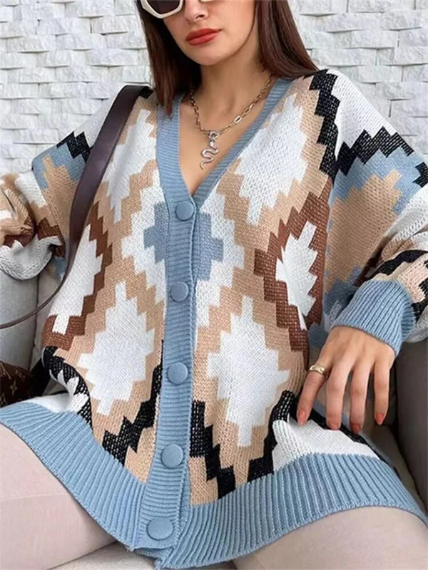 Zimski ženski kardigan s uzorkom s otisnutim gumbima Jesenski labavi, ležerni, prekomjerni pleteni kardigan za žene Novo 2023.