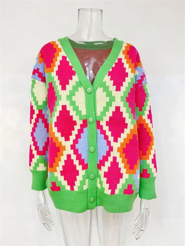 Zimski ženski kardigan s uzorkom s otisnutim gumbima Jesenski labavi, ležerni, prekomjerni pleteni kardigan za žene Novo 2023.