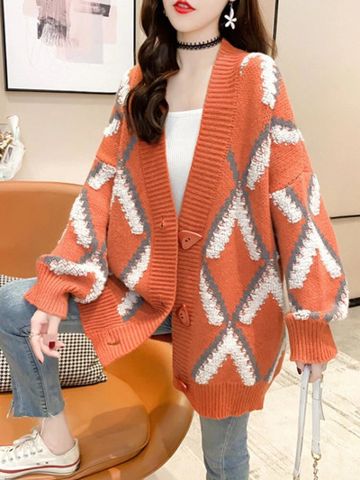 Jesen Zima Ženski preveliki kardigani Debeli topli gornji dio dugih rukava U korejskom stilu s gumbima Dijamantni ležerni pleteni pulover za žene