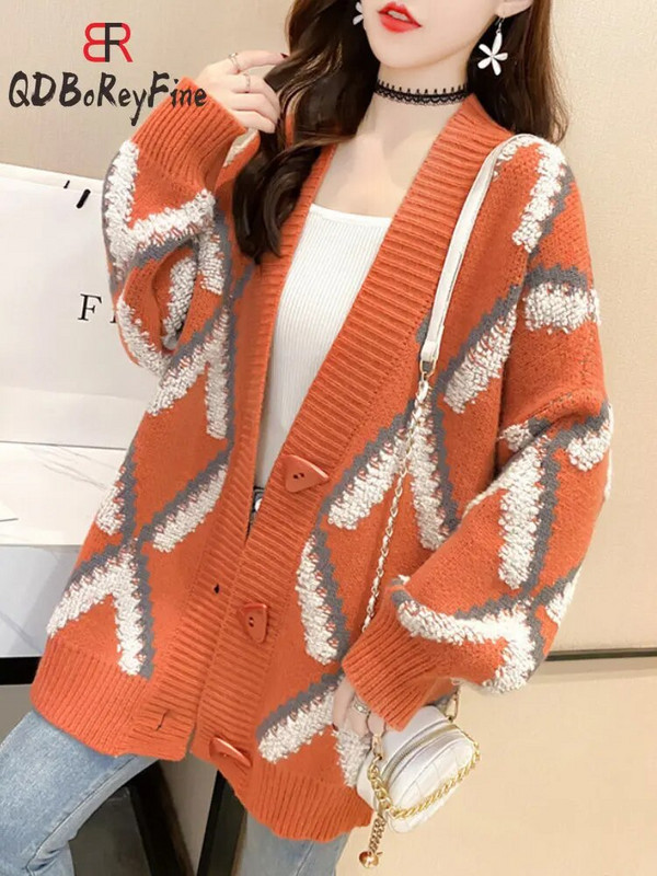 Jesen Zima Ženski preveliki kardigani Debeli topli gornji dio dugih rukava U korejskom stilu s gumbima Dijamantni ležerni pleteni pulover za žene