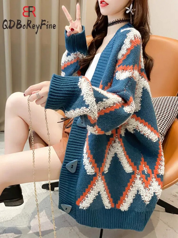 Jesen Zima Ženski preveliki kardigani Debeli topli gornji dio dugih rukava U korejskom stilu s gumbima Dijamantni ležerni pleteni pulover za žene