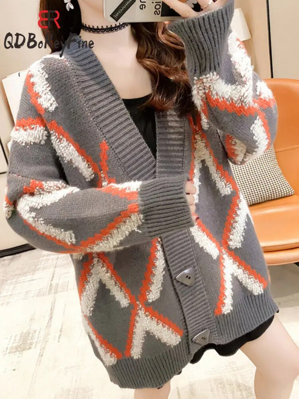 Jesen Zima Ženski preveliki kardigani Debeli topli gornji dio dugih rukava U korejskom stilu s gumbima Dijamantni ležerni pleteni pulover za žene