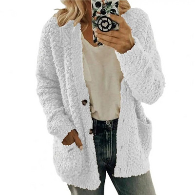 Paks plüüs naiste talvemantel Üherealine pehme sügisene termokardigan naiste kampsunid nööbid kapuutsid Välisrõivad