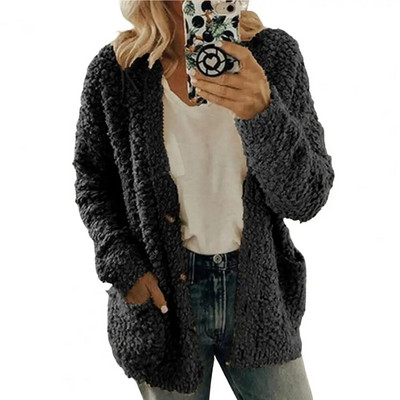 Paks plüüs naiste talvemantel Üherealine pehme sügisene termokardigan naiste kampsunid nööbid kapuutsid Välisrõivad