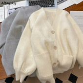 Megzti megztiniai moteriški, laisvi, paprasti vintažiniai, minkšti V formos iškirptė, viena krūtinė gatvės apranga studentams Švelnus Harajuku rudens nauja mada