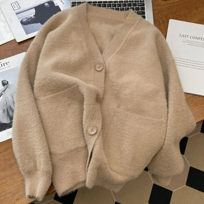 Megzti megztiniai moteriški, laisvi, paprasti vintažiniai, minkšti V formos iškirptė, viena krūtinė gatvės apranga studentams Švelnus Harajuku rudens nauja mada