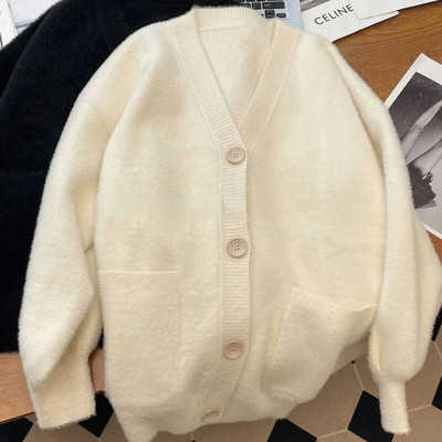 Megzti megztiniai moteriški, laisvi, paprasti vintažiniai, minkšti V formos iškirptė, viena krūtinė gatvės apranga studentams Švelnus Harajuku rudens nauja mada