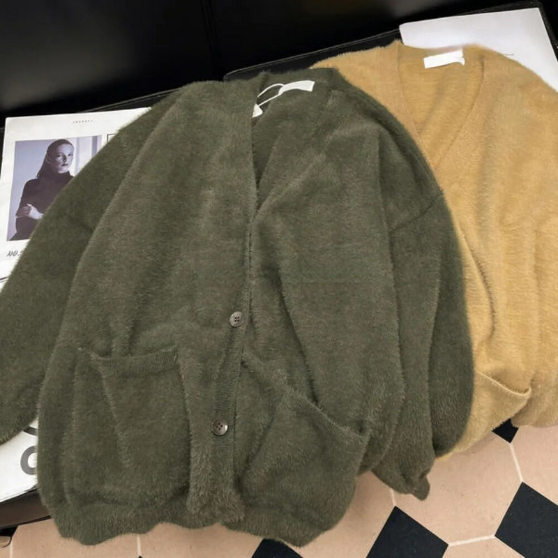 Megzti megztiniai moteriški, laisvi, paprasti vintažiniai, minkšti V formos iškirptė, viena krūtinė gatvės apranga studentams Švelnus Harajuku rudens nauja mada