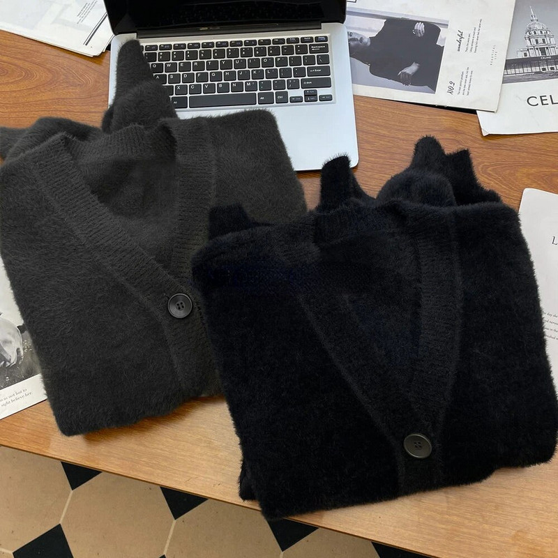 Megzti megztiniai moteriški, laisvi, paprasti vintažiniai, minkšti V formos iškirptė, viena krūtinė gatvės apranga studentams Švelnus Harajuku rudens nauja mada