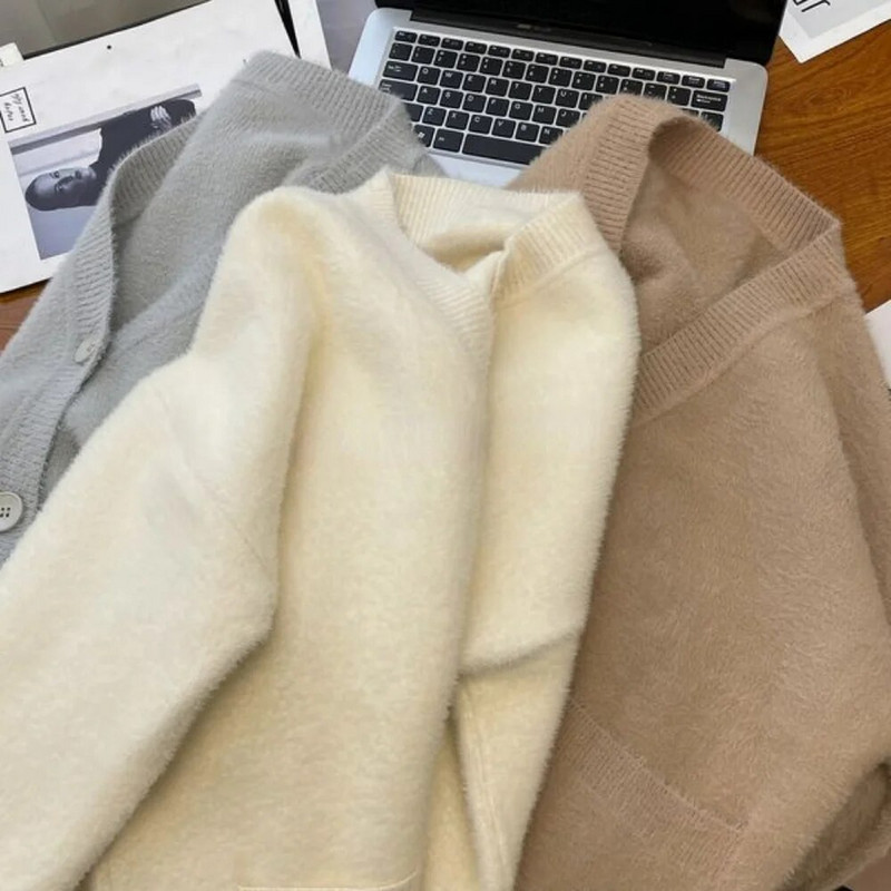 Megzti megztiniai moteriški, laisvi, paprasti vintažiniai, minkšti V formos iškirptė, viena krūtinė gatvės apranga studentams Švelnus Harajuku rudens nauja mada