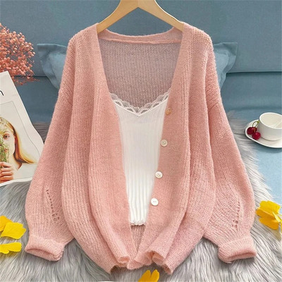 Pleteni kardigan za zaštitu od sunca, izdubljeni, tanki, ljetni labavi, ležerni, jednobojna pletena odjeća Ženske jakne, elegantne korejske ženske majice, novo