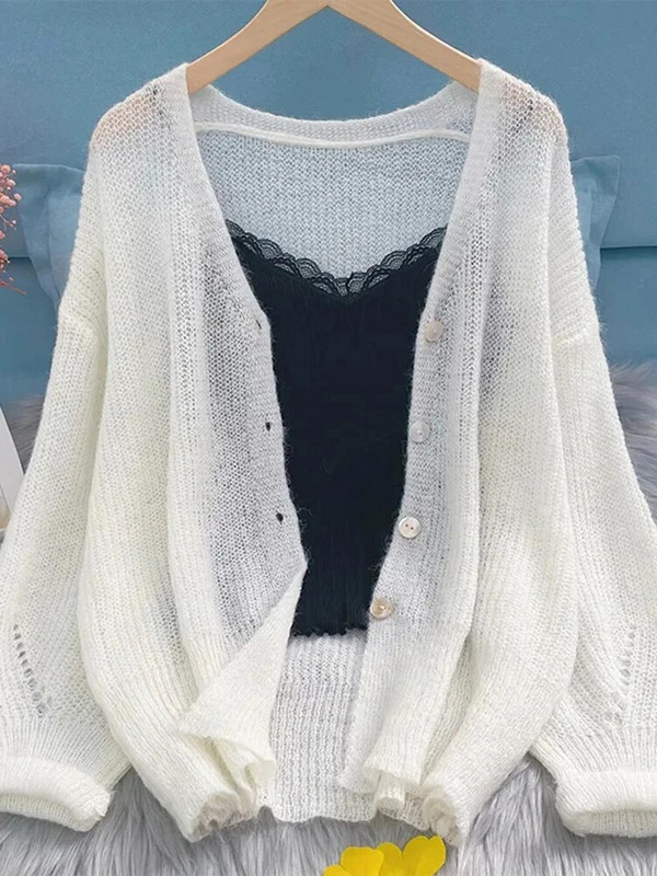 Pleteni kardigan za zaštitu od sunca, izdubljeni, tanki, ljetni labavi, ležerni, jednobojna pletena odjeća Ženske jakne, elegantne korejske ženske majice, novo