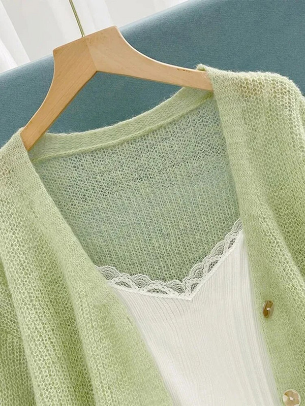 Pleteni kardigan za zaštitu od sunca, izdubljeni, tanki, ljetni labavi, ležerni, jednobojna pletena odjeća Ženske jakne, elegantne korejske ženske majice, novo