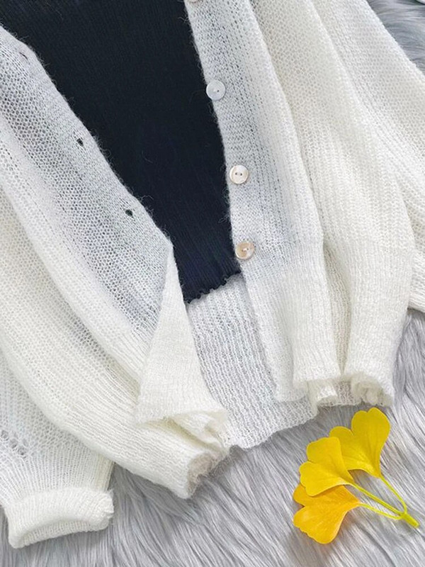 Pleteni kardigan za zaštitu od sunca, izdubljeni, tanki, ljetni labavi, ležerni, jednobojna pletena odjeća Ženske jakne, elegantne korejske ženske majice, novo