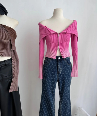 2023. Zimski ležerni Hotsweet kardigani dugih rukava s patentnim zatvaračem za pletenje Ženska klupska odjeća Ženski seksi pulover s otvorenim ovratnikom