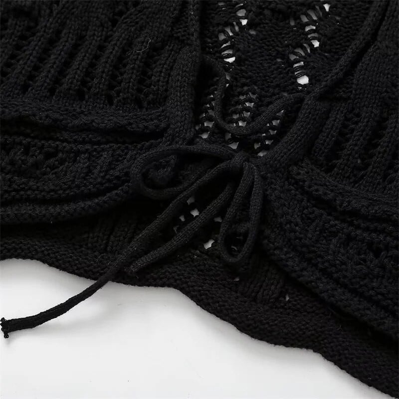 KEYANKETIAN Jesenski novi ženski kratki džemper sa šupljim kukičanim remenom Boho praznični vjetar rukava s jakim rukavima Crni skraćeni pleteni kardigan