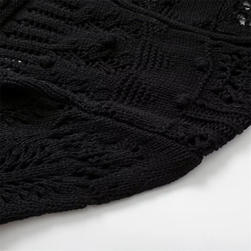 KEYANKETIAN Jesenski novi ženski kratki džemper sa šupljim kukičanim remenom Boho praznični vjetar rukava s jakim rukavima Crni skraćeni pleteni kardigan