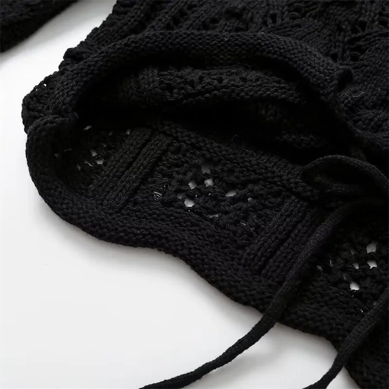 KEYANKETIAN Jesenski novi ženski kratki džemper sa šupljim kukičanim remenom Boho praznični vjetar rukava s jakim rukavima Crni skraćeni pleteni kardigan