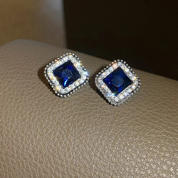 Квадратна принцеса Cut Blue Zircon Stone Drop обеци за жени Опростен дизайн Елегантни дамски аксесоари Сватбена лента Бижута Горещи