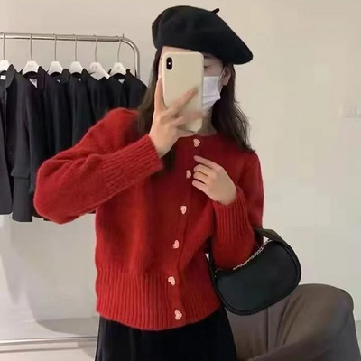 Biyaby Sweet Heart Buttons Pulover Kaput Ženski Jesen Zima Nježni stil Jednobojni pleteni kardigani Ženska korejska široka kratka jakna