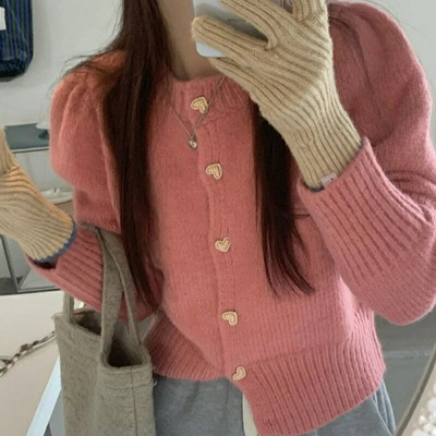 Biyaby Sweet Heart Buttons Pulover Kaput Ženski Jesen Zima Nježni stil Jednobojni pleteni kardigani Ženska korejska široka kratka jakna