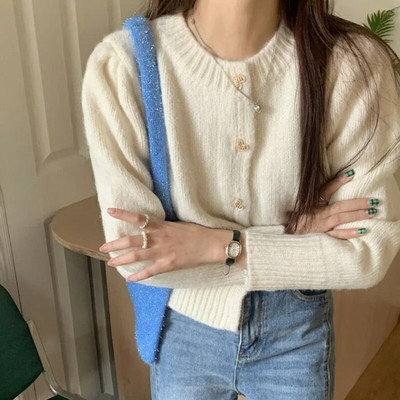 Biyaby Sweet Heart Buttons Pulover Kaput Ženski Jesen Zima Nježni stil Jednobojni pleteni kardigani Ženska korejska široka kratka jakna