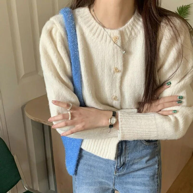 Biyaby Sweet Heart Buttons Pulover Kaput Ženski Jesen Zima Nježni stil Jednobojni pleteni kardigani Ženska korejska široka kratka jakna