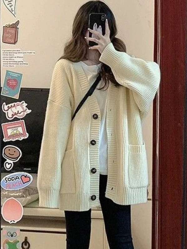 Kardigan Žene Široka Jednostavna Gornja odjeća Jesen Toplo pletenje Dizajn Džepovi Slobodno vrijeme Korejski stil Raznovrsna elegantna Nježna studentica
